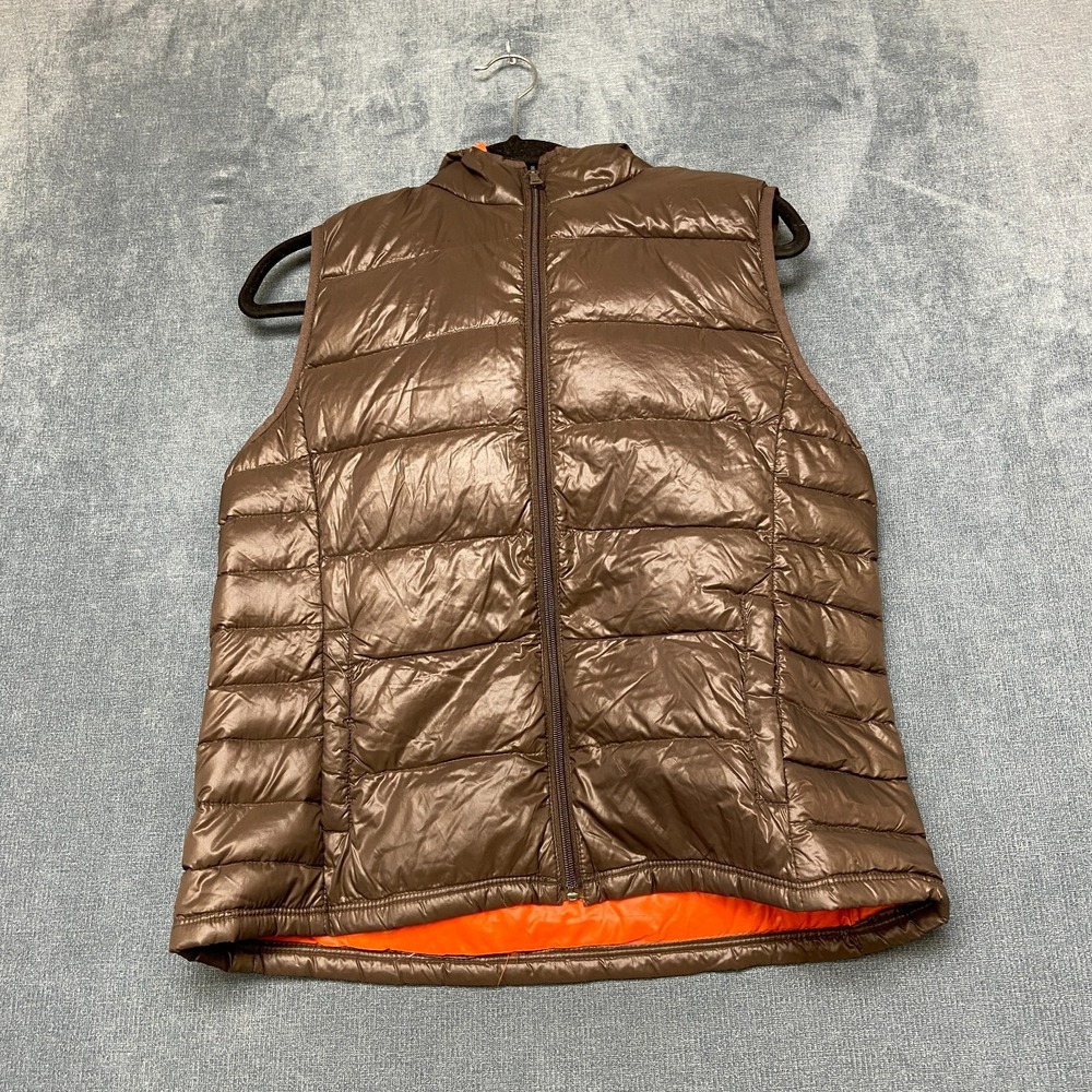 Peace Love Chill Packable Down Puffer Vest Womens Large Brown Lightweight Hooded